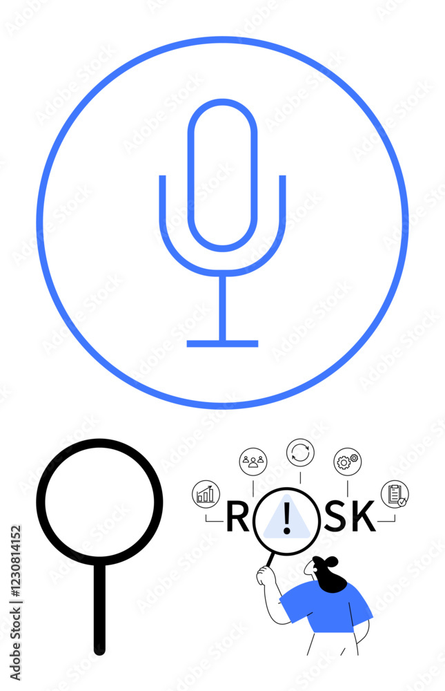 Microphone symbol inside a circle, magnifying glass inspecting RISK, icons for communication, analysis, and decision-making. Ideal for technology, AI, risk management, business optimization safety Microphone symbol inside a circle, magnifying glass inspecting RISK, icons for communication, analysis, and decision-making. Ideal for technology, AI, risk management, business optimization safety