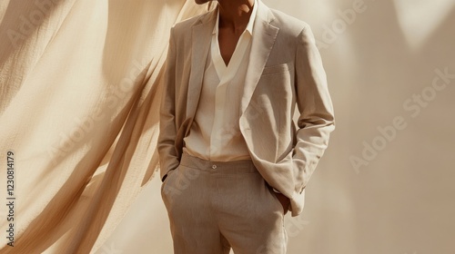 Stylish Man in Beige Linen Suit, Relaxed Pose, Against Neutral Drape