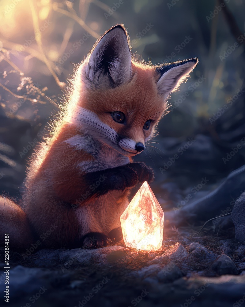 Obraz premium Cute fox cub holding crystal, forest sunset, fantasy art