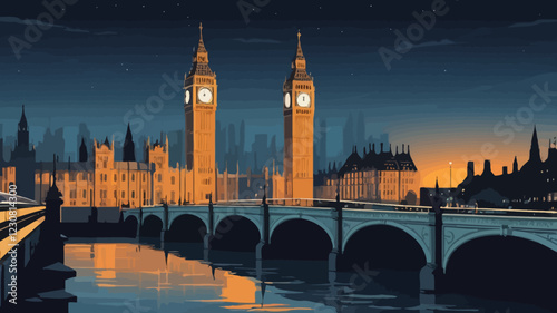 This image captures a quiet evening view of London, showcasing iconic landmarks such as Big Ben and the Houses of Parliament illuminated against a clear sky..vector illustration.