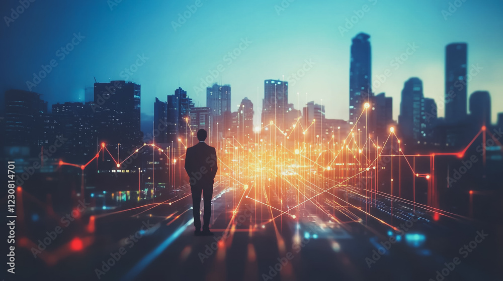 Fototapeta premium Smart digital Innovation city with connection network reciprocity over the cityscape. of future smart wireless digital city and social media networking systems that connects people with in city