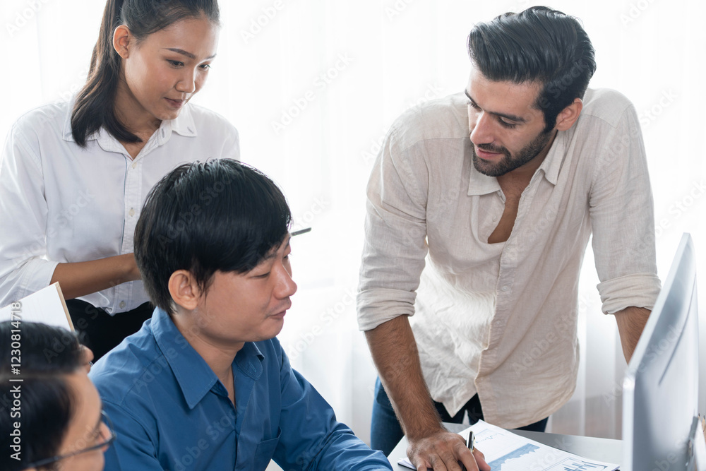 Group of diverse office worker employee working together on strategic business marketing planning in corporate office room. Positive teamwork in business workplace concept. Prudent Group of diverse office worker employee working together on strategic business marketing planning in corporate office room. Positive teamwork in business workplace concept. Prudent
