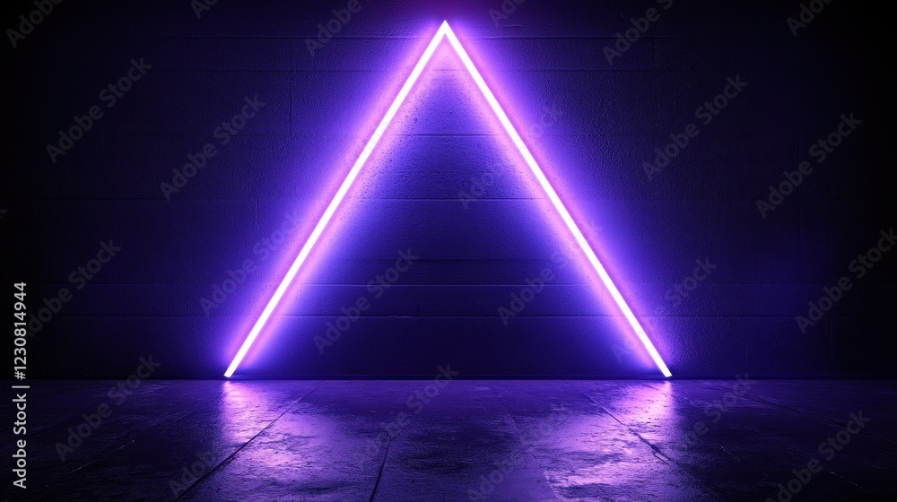 Purple neon triangle on dark wall. Purple neon triangle on dark wall.