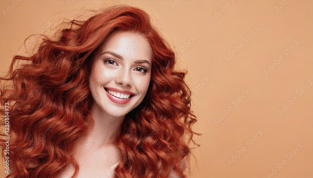 Naklejka premium Elegant Portrait of a Smiling Woman with Pastel Background and Studio Lighting