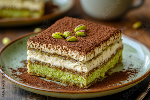 Delicious slice of pistachio tiramisu, elegantly presented on a ceramic plate photo