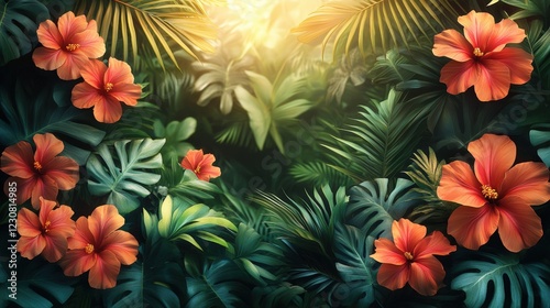 Blooming hibiscus flowers amidst lush greenery tropical paradise nature vibrant environment close-up view