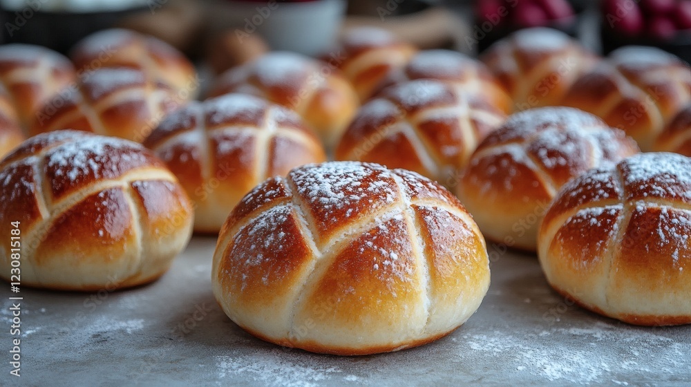 Freshly baked golden bread rolls on a kitchen countertop ready for serving