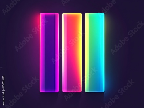 Minimalist vector art featuring bold rectangular shapes in vibrant neon gradient colors with intense crisp lighting