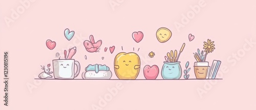 Happy Office Supplies Smiling on Shelf Pastel Pink Background