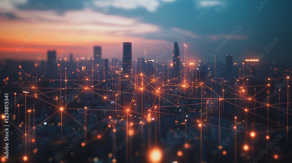 Fototapeta premium Smart digital Innovation city with connection network reciprocity over the cityscape. of future smart wireless digital city and social media networking systems that connects people with in city