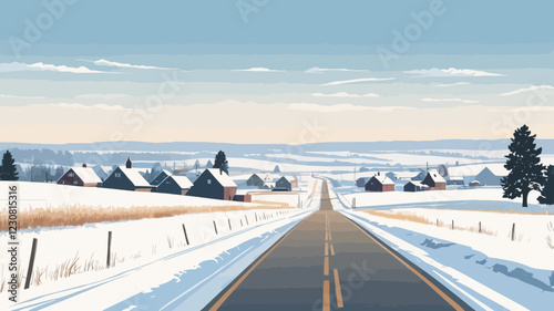 
This image captures the peaceful winter beauty of Fargo, North Dakota. The snow-dusted landscape stretches across the horizon, along with a quiet, rural road winding through the fields. vector illust