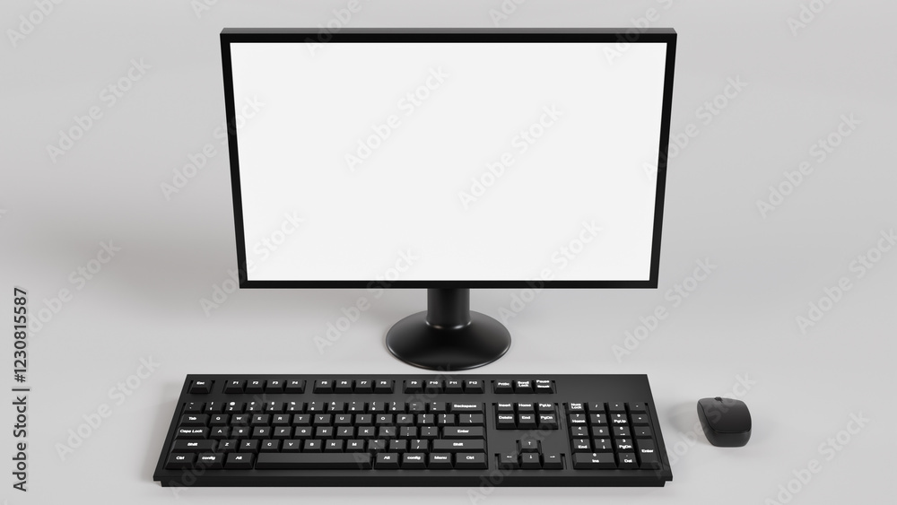 3d rendering of a black desktop computer with a blank white screen. The image evokes concepts of productivity, technology, and modern workspaces. 3d rendering of a black desktop computer with a blank white screen. The image evokes concepts of productivity, technology, and modern workspaces.