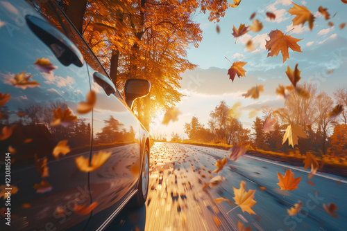 Car driving through a scenic autumn road with golden leaves falling, illuminated by warm sunlight, reflecting vibrant trees and the clear blue sky on the vehicle