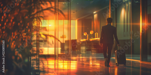Businessman walking through a modern hotel lobby with a suitcase during sunset, surrounded by warm light reflections and a sophisticated atmosphere