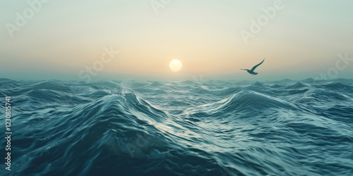 Tranquil ocean waves under a soft sunset sky with a lone seagull soaring above, creating a peaceful and serene seascape