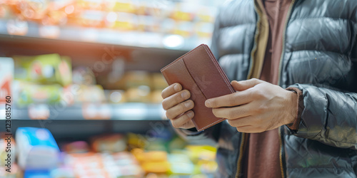 Man holding a brown leather wallet in a supermarket aisle, with blurred shelves of colorful products in the background, symbolizing shopping and financial decision-making