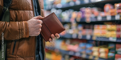 Man holding a brown leather wallet in a supermarket aisle, surrounded by blurred shelves of colorful products, creating a shopping and financial concept