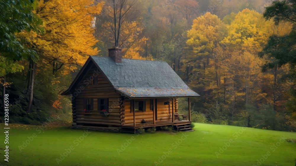 Tranquil autumn cabin retreat amidst vibrant trees transforming in dynamic sequence