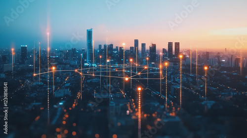 Wallpaper Mural Abstract business man stands on Smart digital Innovation city with connection network reciprocity over the twilight cityscape. of future wireless digital city and social media networking systems Torontodigital.ca