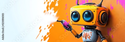  illustration robot artist with spray can spraying on wall for generative ai art concept