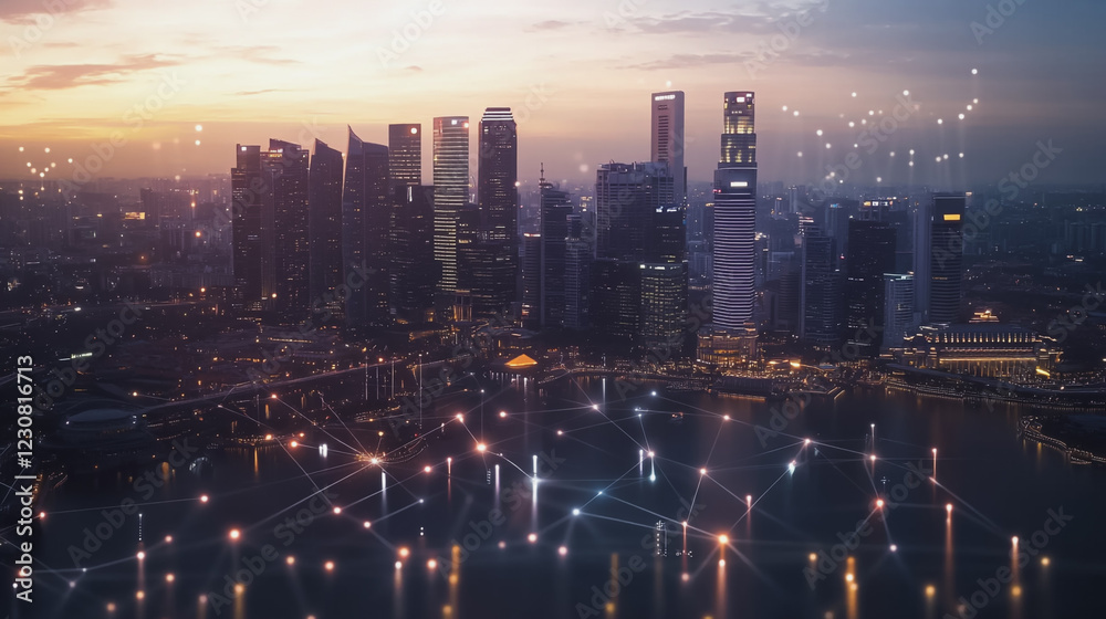 Fototapeta premium Abstract business man stands on Smart digital Innovation city with connection network reciprocity over the twilight cityscape. of future wireless digital city and social media networking systems