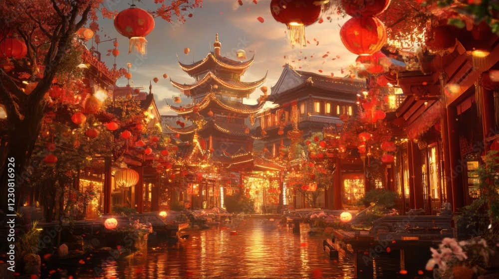 Fototapeta premium Red Lanterns Illuminate Asian City Street at Night