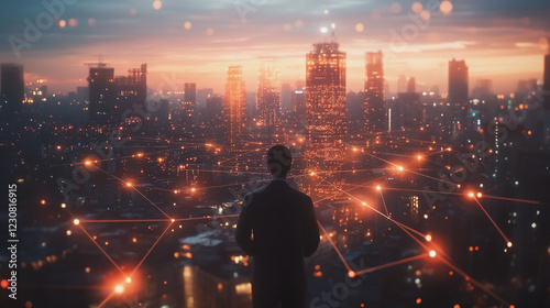 Abstract business man stands on Smart digital Innovation city with connection network reciprocity over the twilight cityscape. of future wireless digital city and social media networking systems