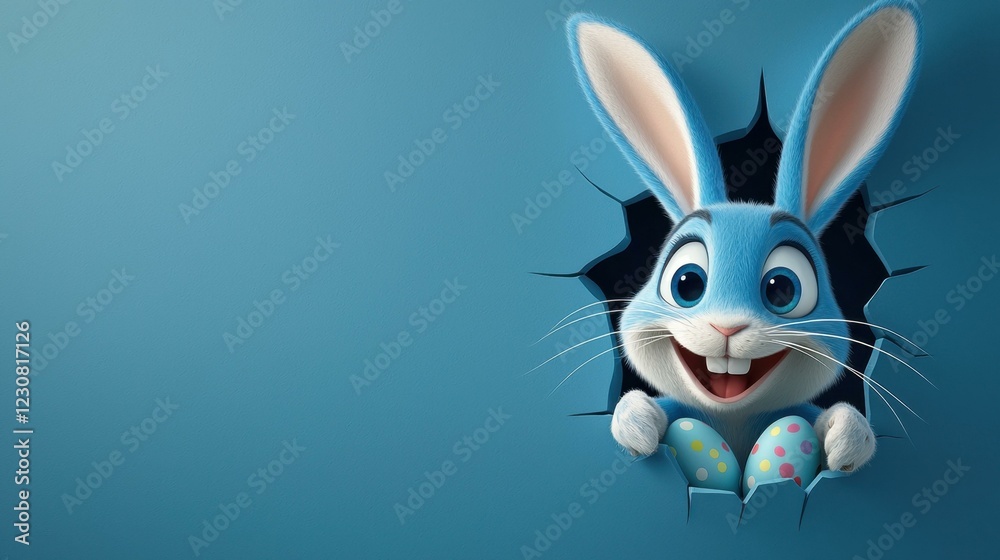 Obraz premium Cheerful cartoon Easter bunny peeks through wall hole, holding colorful decorated eggs, bright blue background, festive surprise and playful holiday spirit, copy space.