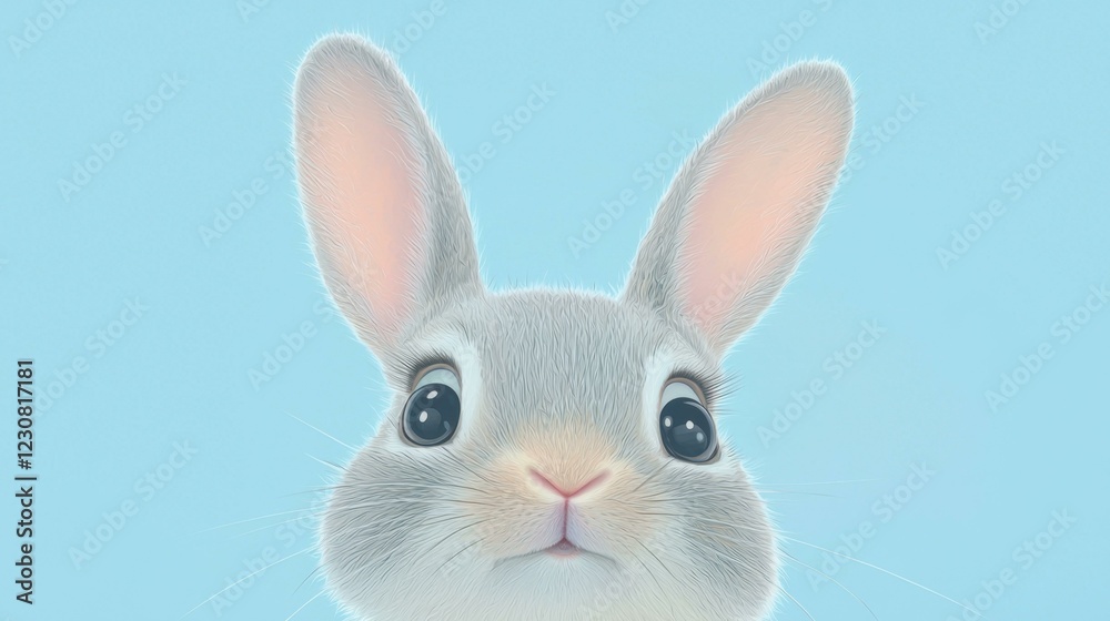 Obraz premium Cute fluffy Easter bunny with large expressive eyes, curious expression set against soft blue background, symbolizing springtime joy and celebration, ideal for festive themes.