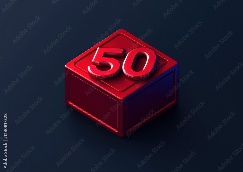 Red cube with number fifty on dark background. Red cube with number fifty on dark background.