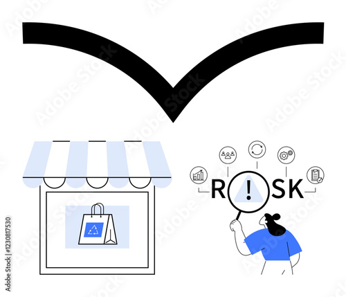 Arrow symbol above storefront with shopping bag and person analyzing risk icons. Ideal for retail analysis, risk evaluation, business strategy, decision making, market planning, risk management