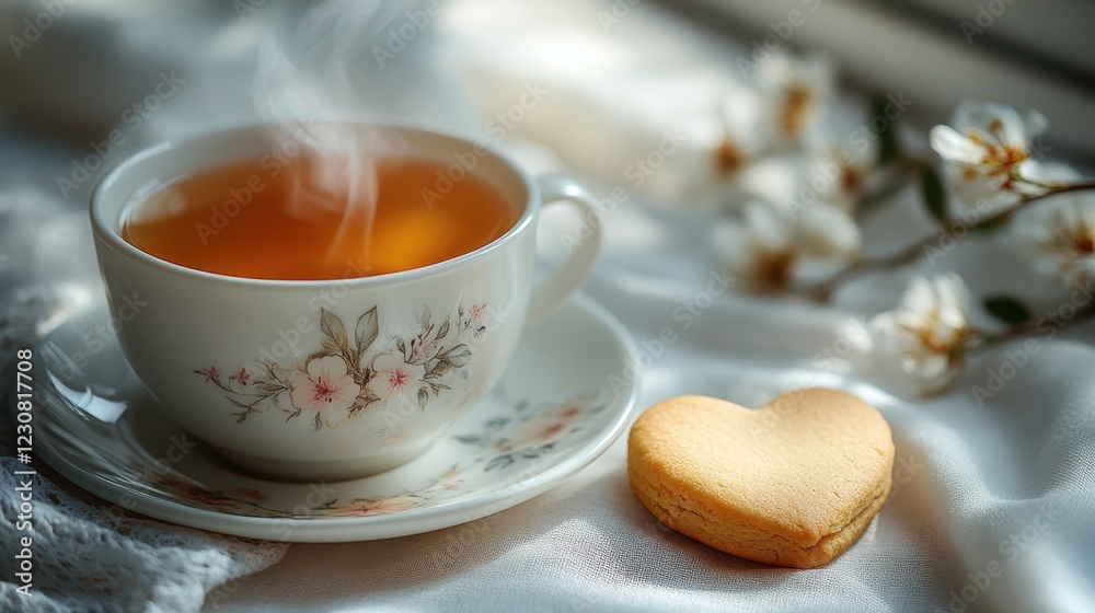 A cup of tea with steam rising, a delicate card with floral patterns, and a heart-shaped cookie on a white tablecloth, warm morning sunlight A cup of tea with steam rising, a delicate card with floral patterns, and a heart-shaped cookie on a white tablecloth, warm morning sunlight