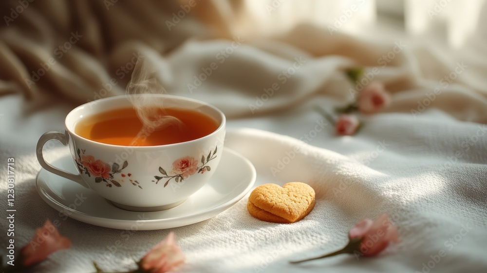 A cup of tea with steam rising, a delicate card with floral patterns, and a heart-shaped cookie on a white tablecloth, warm morning sunlight A cup of tea with steam rising, a delicate card with floral patterns, and a heart-shaped cookie on a white tablecloth, warm morning sunlight