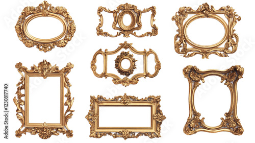 Intricately Detailed Golden Picture Frames Isolated on a Transparent Background for Elegant Display and Design Purposes