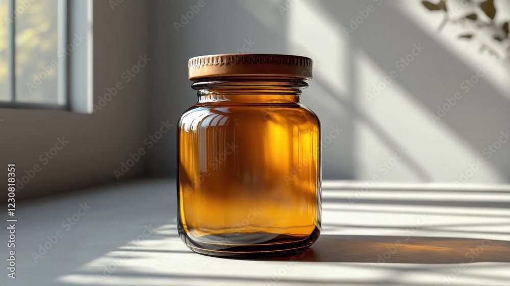 A detailed 3D render of a spice jar mockup, showcasing the jars shape and lid, subtle reflections and shadows creating depth A detailed 3D render of a spice jar mockup, showcasing the jars shape and lid, subtle reflections and shadows creating depth
