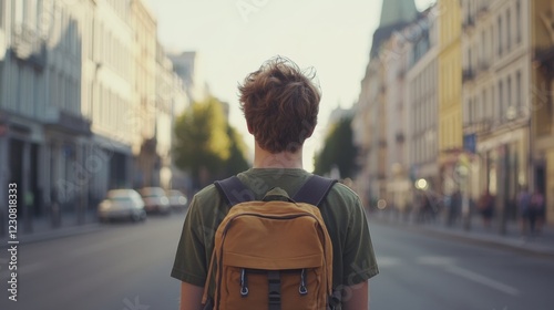 Fototapeta Naklejka Na Ścianę i Meble -  Young man with backpack walking down a city street.