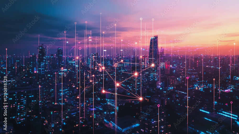 Abstract business man stands on Smart digital Innovation city with connection network reciprocity over the twilight cityscape. of future wireless digital city and social media networking systems