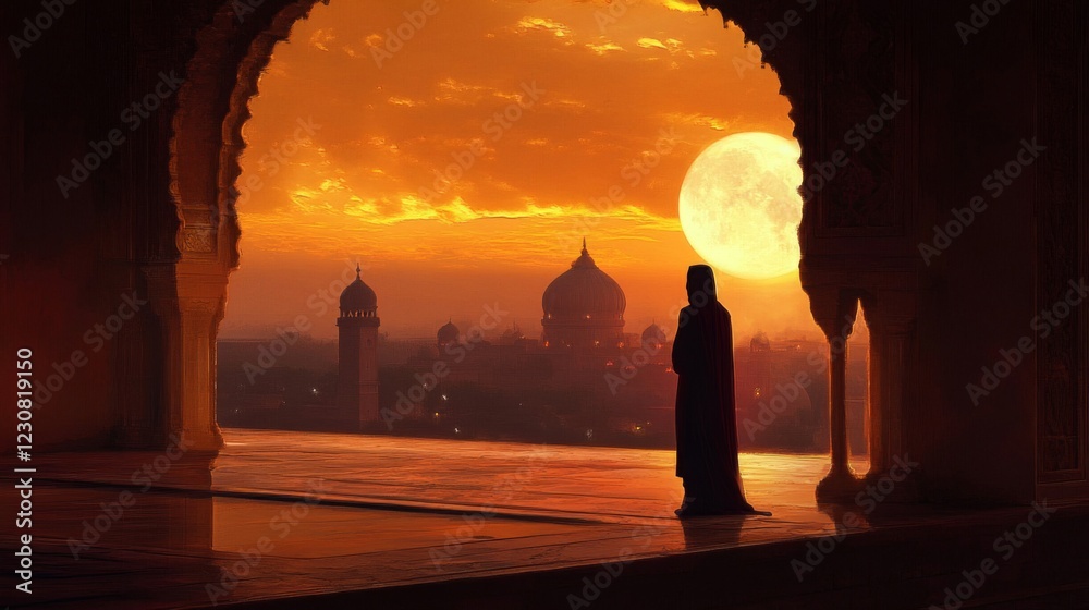 Fototapeta premium Silhouette of Person at Sunset with a Full Moon Over a Cityscape
