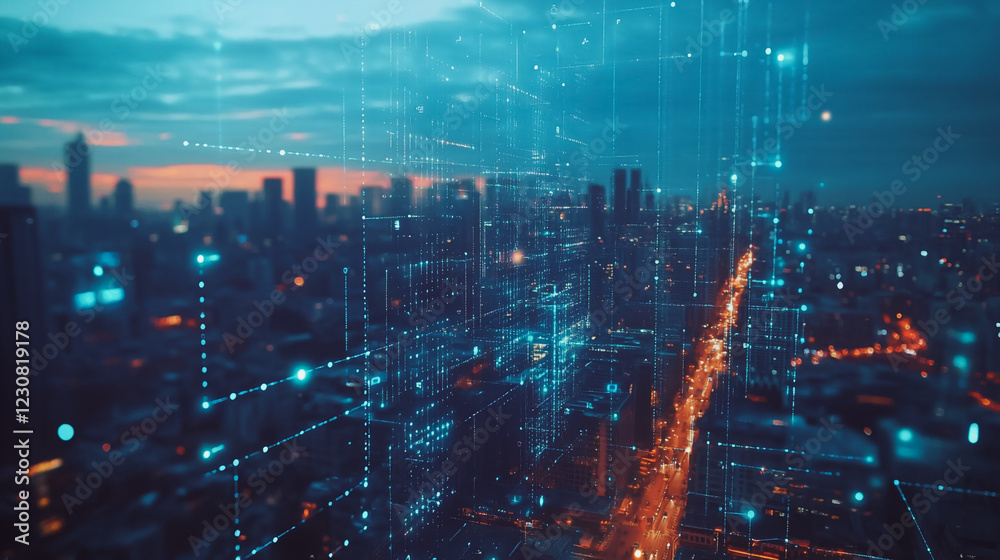 Fototapeta premium Abstract business man stands on Smart digital Innovation city with connection network reciprocity over the twilight cityscape. of future wireless digital city and social media networking systems