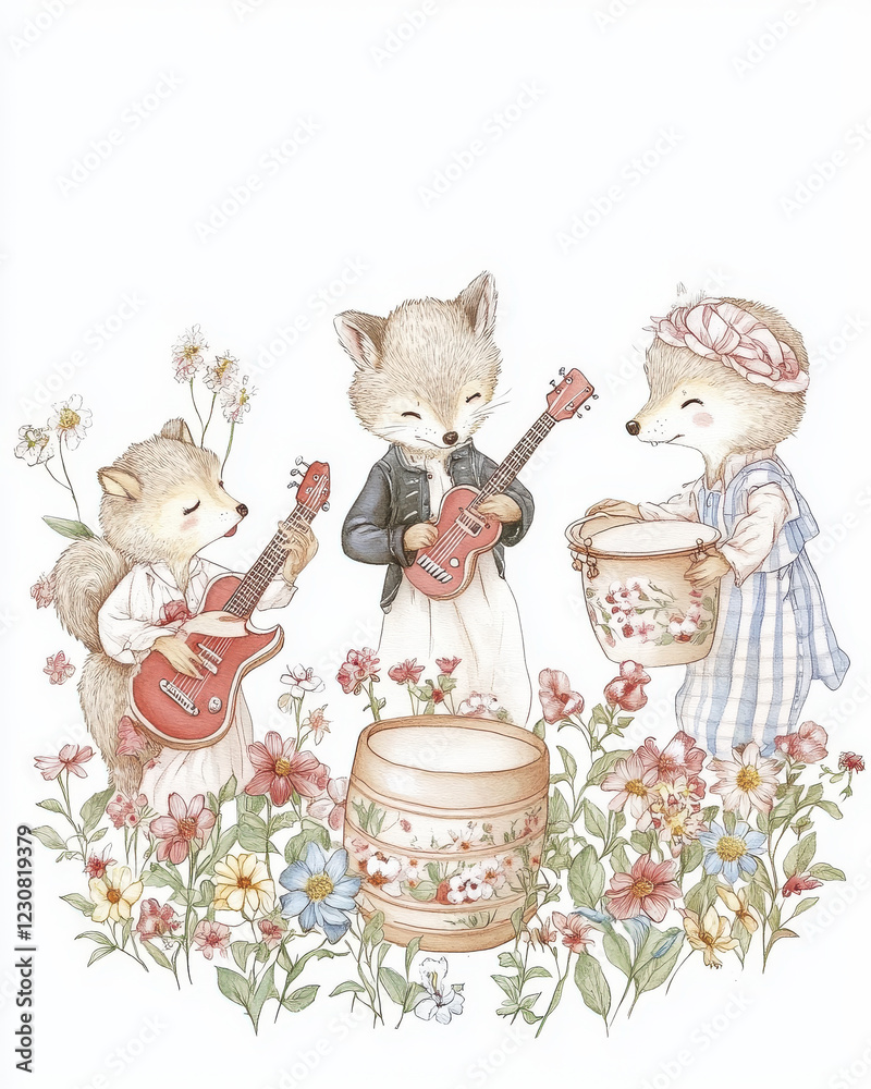 Naklejka premium Cute animal characters playing music in floral garden setting, featuring fox and hedgehogs with instruments and buckets. whimsical and joyful scene