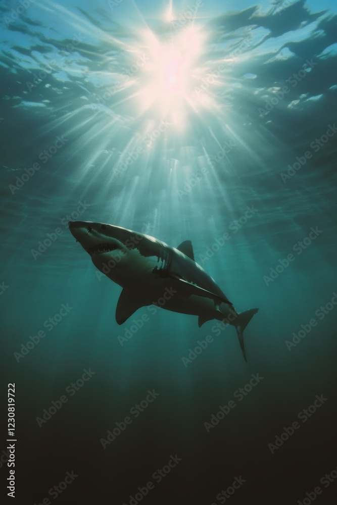 Obraz premium Great white shark in dark waters. Ocean apex predator. Marine life, shark. 