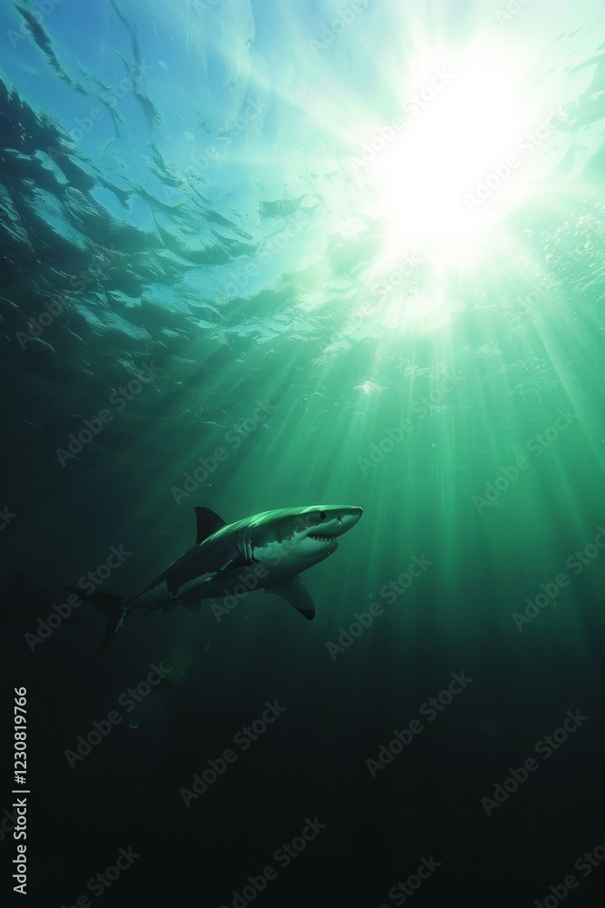 Fototapeta premium Great white shark in dark waters. Ocean apex predator. Marine life, shark.