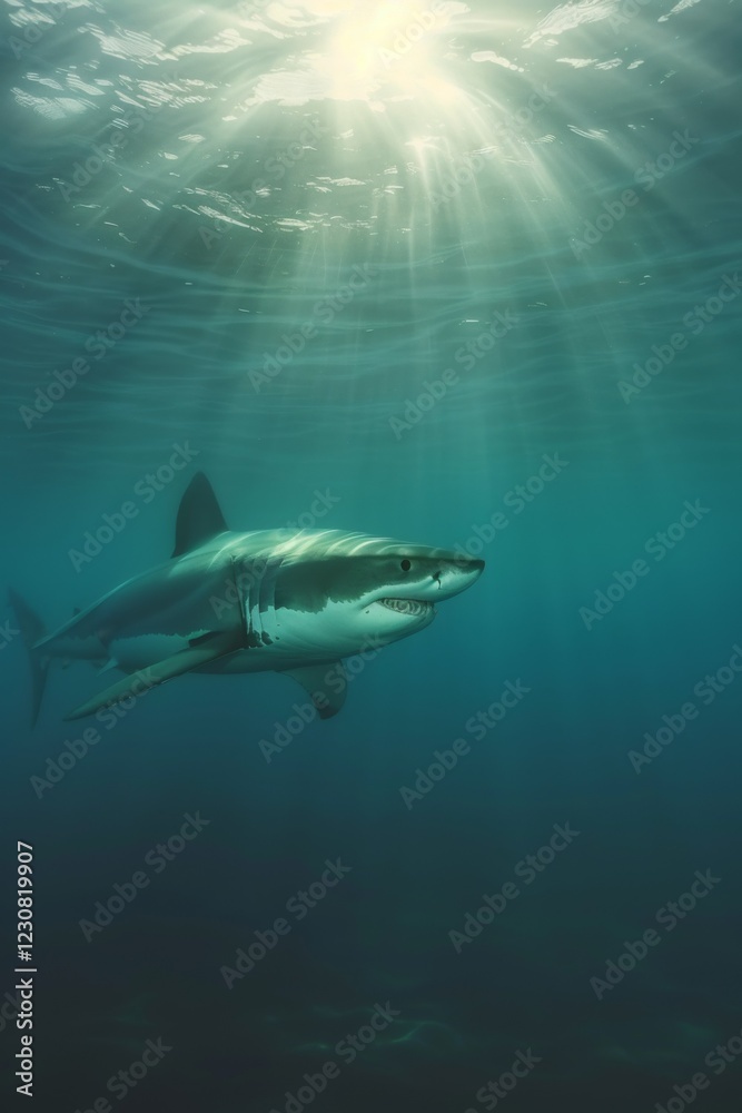 Fototapeta premium Great white shark in dark waters. Ocean apex predator. Marine life, shark. 