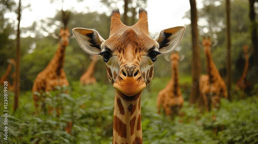 Fototapeta premium Giraffe close up in the forest with multiple giraffes in the background wildlife animals