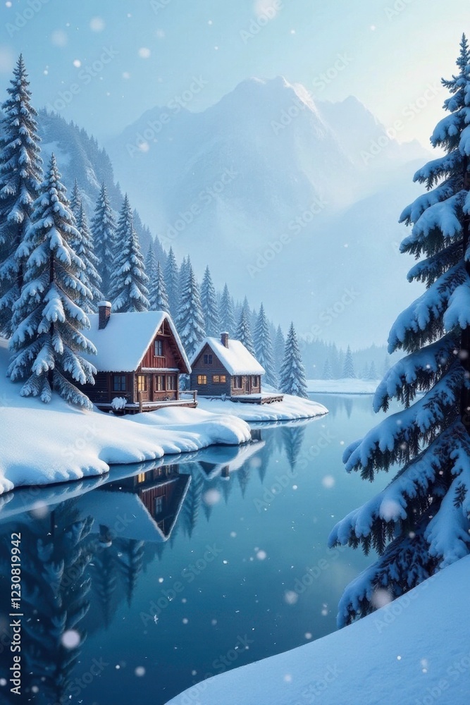 Naklejka premium Winter wonderland scene with snow-covered houses, snowflakes, frozen lake