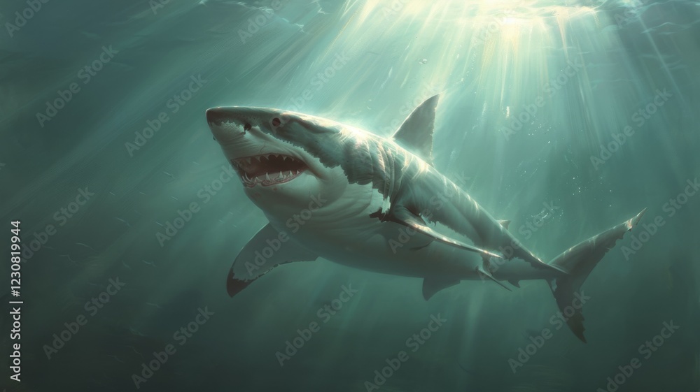 Naklejka premium Great white shark in dark waters. Ocean apex predator. Marine life, shark. 