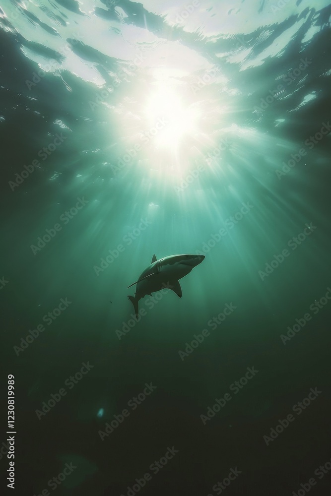 Obraz premium Great white shark in dark waters. Ocean apex predator. Marine life, shark. 