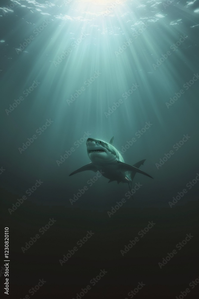 Naklejka premium Great white shark in dark waters. Ocean apex predator. Marine life, shark. 