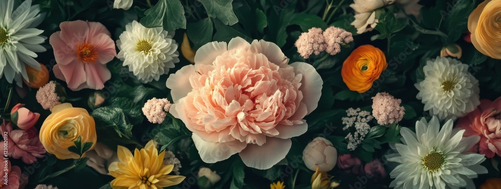 custom made wallpaper toronto digitalA floral pattern of peonies, chrysanthemums, daisies, with an emphasis on the central flower that is large in size. The background has dark tones to highlight the flowers.