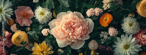 Wallpaper Mural A floral pattern of peonies, chrysanthemums, daisies, with an emphasis on the central flower that is large in size. The background has dark tones to highlight the flowers.  Torontodigital.ca